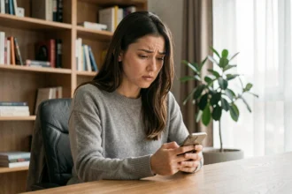 Jeune femme consultant son smartphone avec une expression préoccupée, illustrant les enjeux de confidentialité liés au téléchargement de stories Snapchat