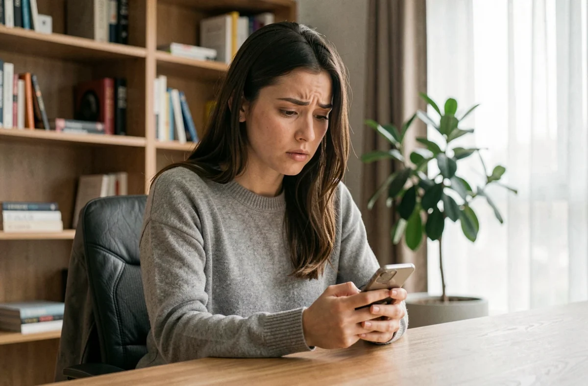 Jeune femme consultant son smartphone avec une expression préoccupée, illustrant les enjeux de confidentialité liés au téléchargement de stories Snapchat