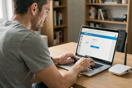 Homme configurant l'adresse IP de son routeur depuis un ordinateur portable à son bureau