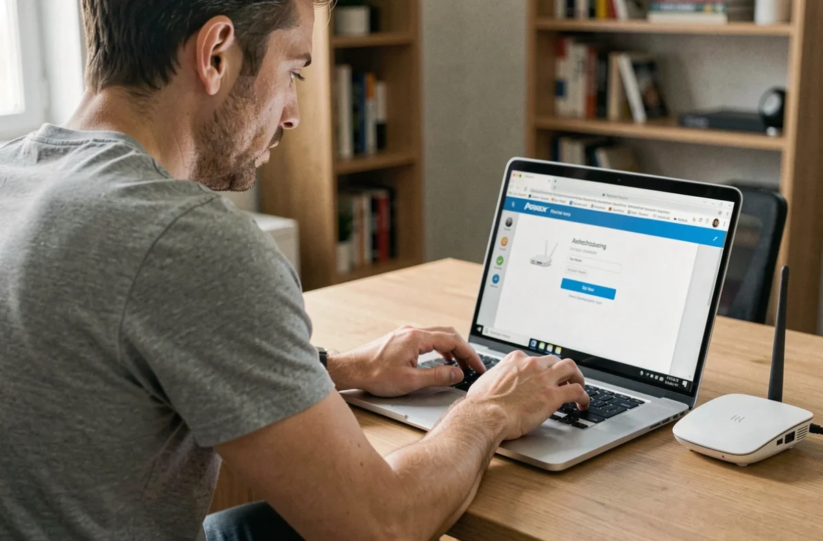 Homme configurant l'adresse IP de son routeur depuis un ordinateur portable à son bureau
