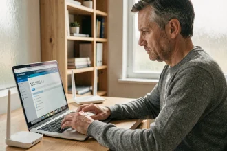 Homme configurant l'interface d'administration de son routeur Wi-Fi via l'adresse IP 192.168.1.1 sur un ordinateur portable à la maison