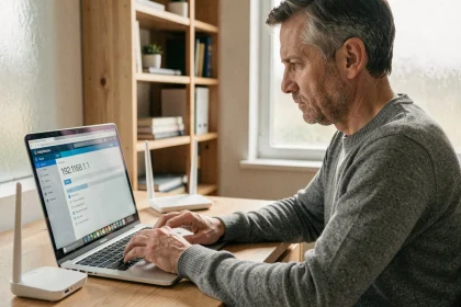 Homme configurant l'interface d'administration de son routeur Wi-Fi via l'adresse IP 192.168.1.1 sur un ordinateur portable à la maison