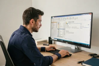 Homme configurant WinRAR sur un grand écran dans un bureau moderne minimaliste