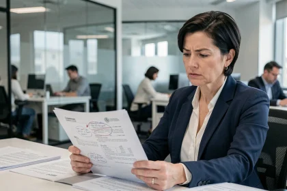 Femme professionnelle en blazer marine examinant des documents de conformité RGPD dans un bureau moderne