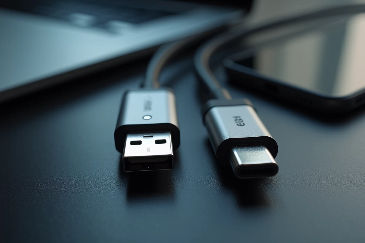 Gros plan sur les connecteurs USB-C et USB-A posés sur une surface en ardoise sombre