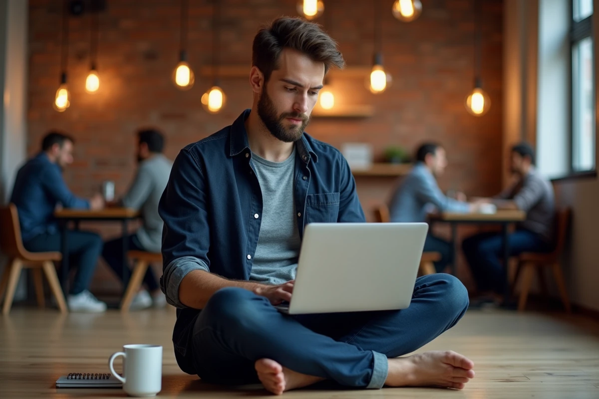 Créateur de contenu indépendant travaillant sur le transfert de fichiers dans un espace de coworking