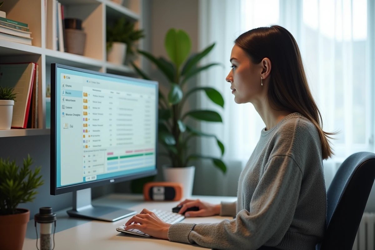 Créatrice de contenu gérant ses fichiers en ligne depuis un bureau à domicile moderne et épuré