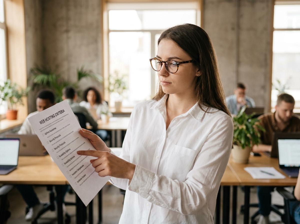 Jeune femme évaluant une liste de critères pour choisir un hébergeur web dans un espace de coworking