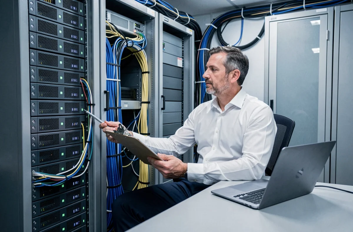 Consultant informatique de DBLI Informatique effectuant la maintenance d'un rack serveur pour une entreprise dans les Hauts-de-Seine
