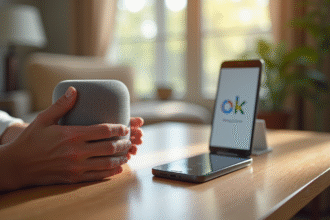 Personne déballant un haut-parleur connecté sur un bureau moderne