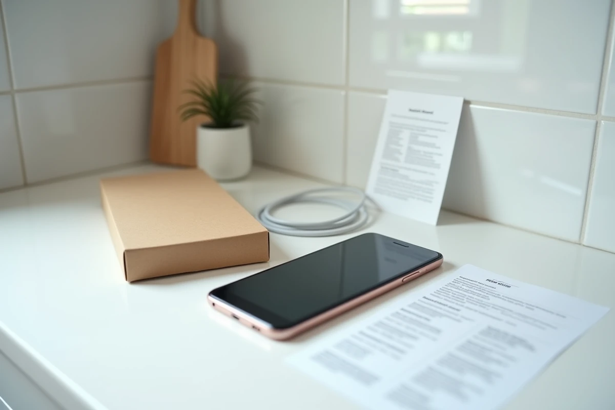 Déballage d'un smartphone Xiaomi reconditionné avec boîte et rapport de condition sur un comptoir blanc