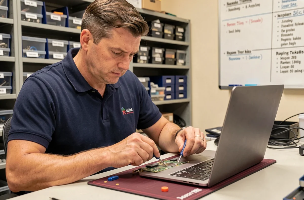 Technicien de Delory Informatique réparant une carte mère d'ordinateur portable dans son atelier
