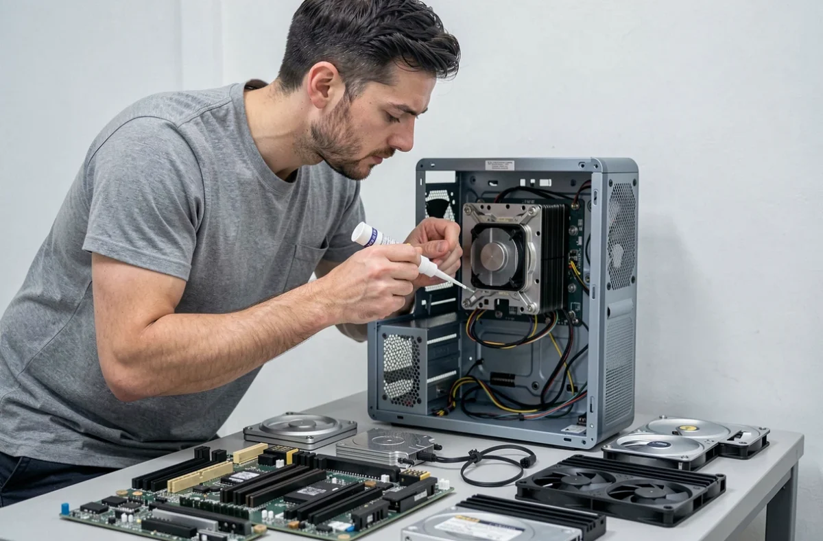 Technicien Depan PC spécialiste de la réparation de PC fixe dans le 92 appliquant de la pâte thermique sur un processeur