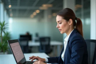 Femme professionnelle dépannant une messagerie d'entreprise sur son ordinateur portable dans un bureau moderne à Nancy ou Metz
