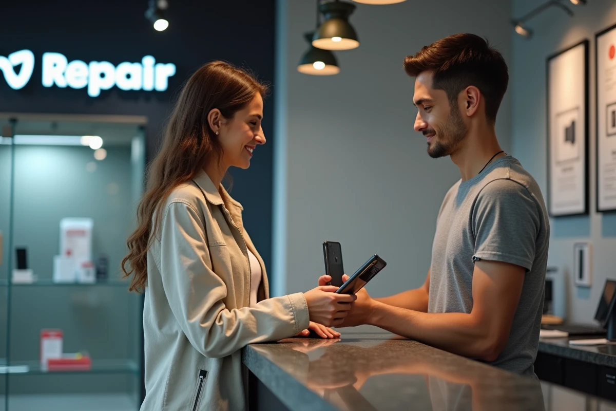 Cliente déposant son téléphone endommagé au comptoir d'un réparateur téléphone à Montpellier