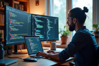 Web designer travaillant sur un ordinateur avec écrans colorés