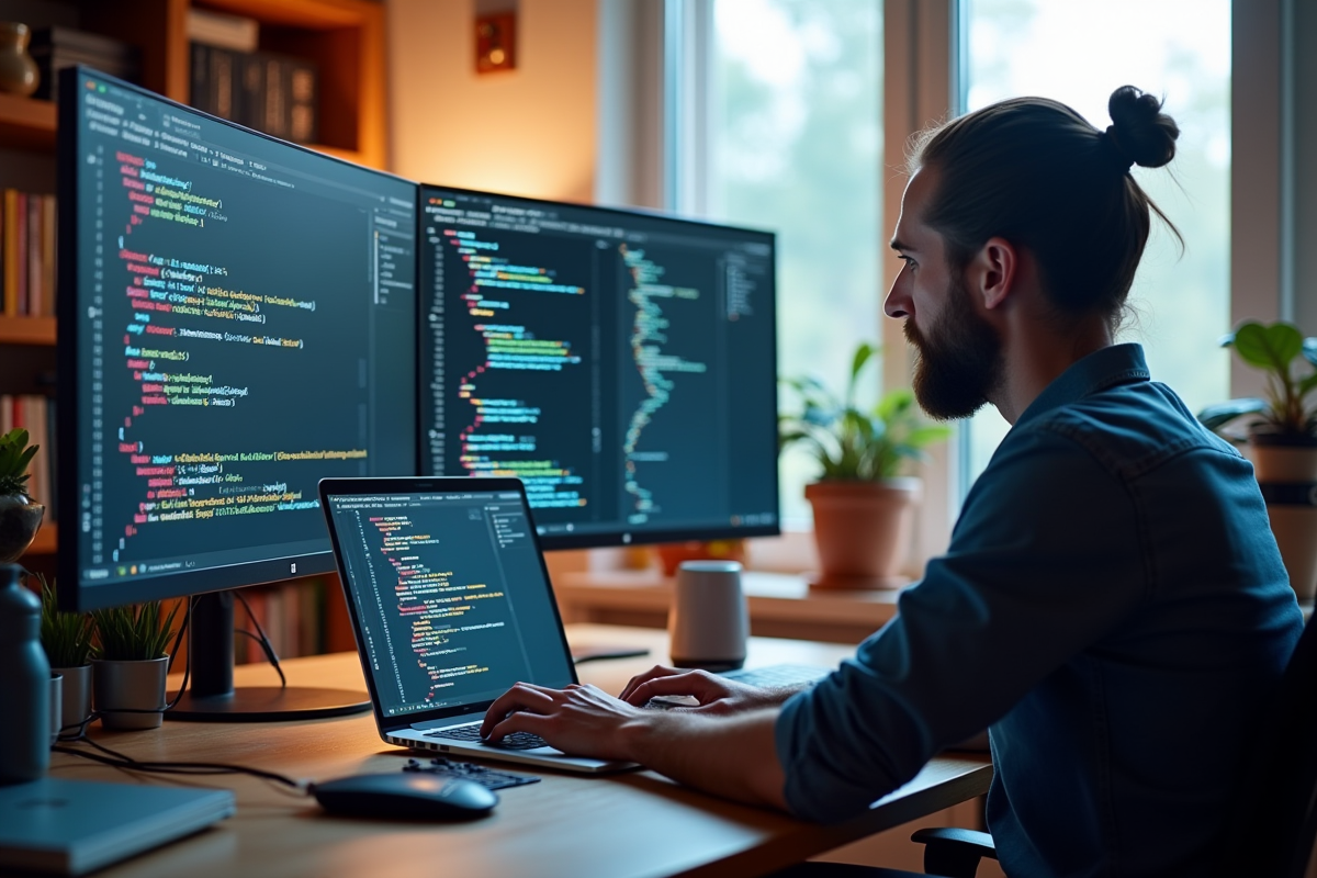Web designer travaillant sur un ordinateur avec écrans colorés