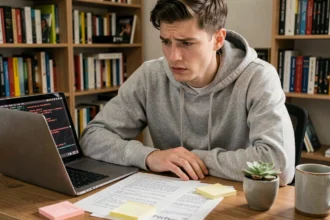 Développeur frustré regardant des erreurs dans un module Python sur un ordinateur portable dans un bureau à domicile