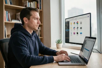 Développeur configurant une machine virtuelle macOS sur un bureau moderne avec MacBook Pro et écran externe