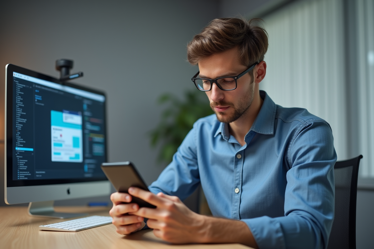 Jeune developpeur web regardant son smartphone