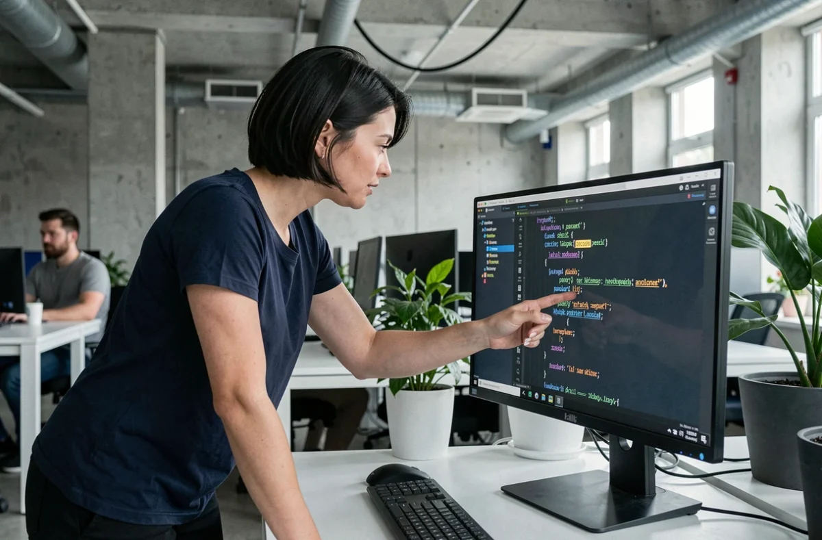 Développeuse pointant des erreurs de code Python sur un écran dans un bureau collaboratif moderne