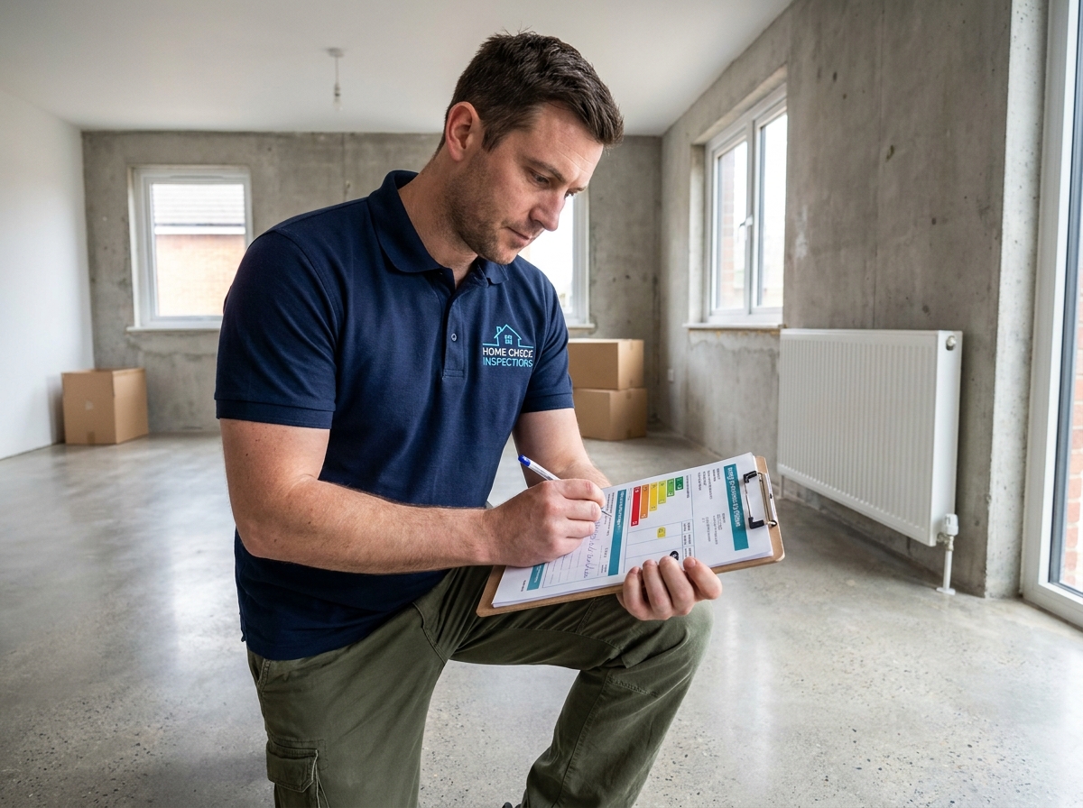 Diagnostiqueur immobilier annotatant un certificat de performance énergétique dans un appartement rénové vide