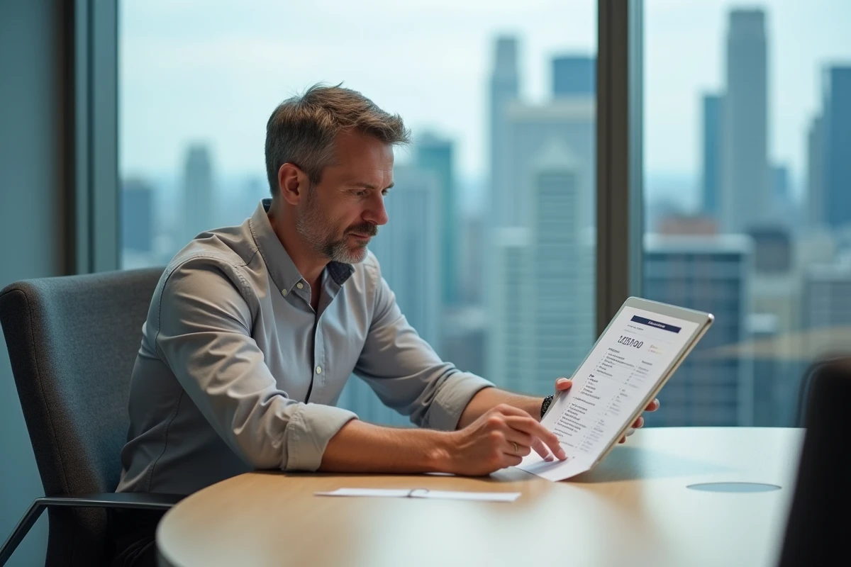 Directeur financier consultant un plan de transition vers Yourcegid en salle de réunion lors d'une migration depuis Quadraondemand