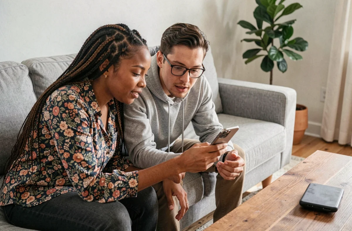 Deux personnes découvrant comment attribuer une sonnerie personnalisée à un contact sur iPhone dans un salon