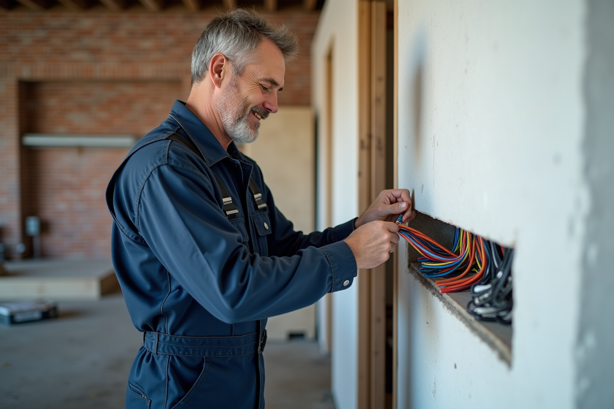 Électricien en overalls organisant des câbles dans un local moderne