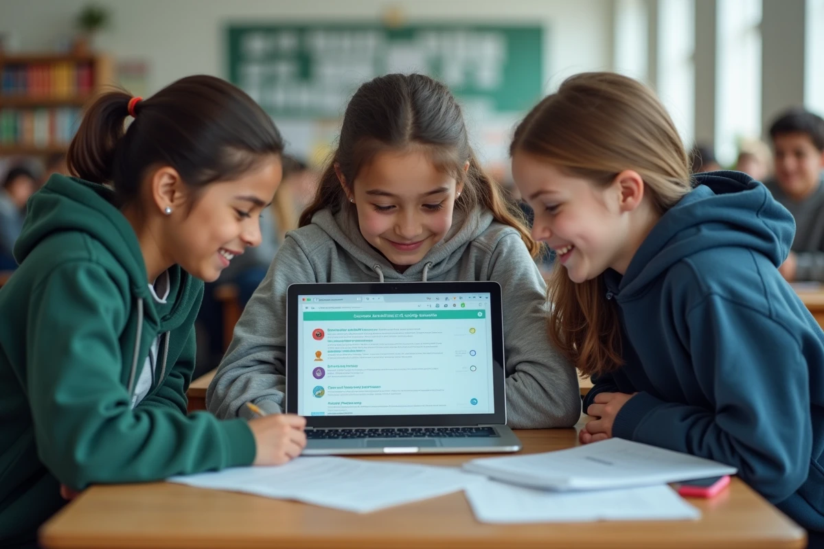 Groupe d'élèves collaborant sur une activité Framapas en classe sur ordinateur portable