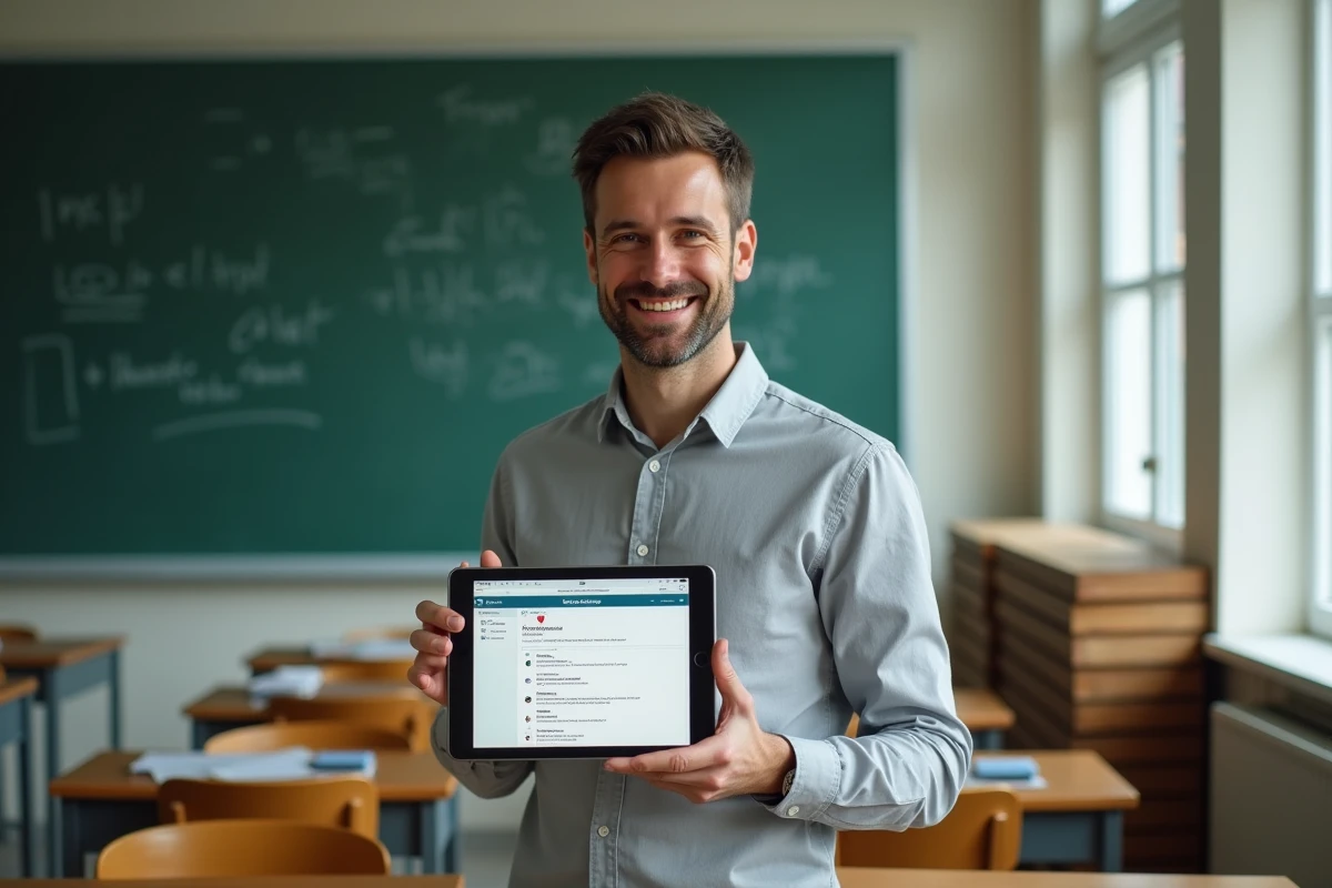 Enseignant consultant sa messagerie académique de Montpellier sur une tablette dans une salle de classe