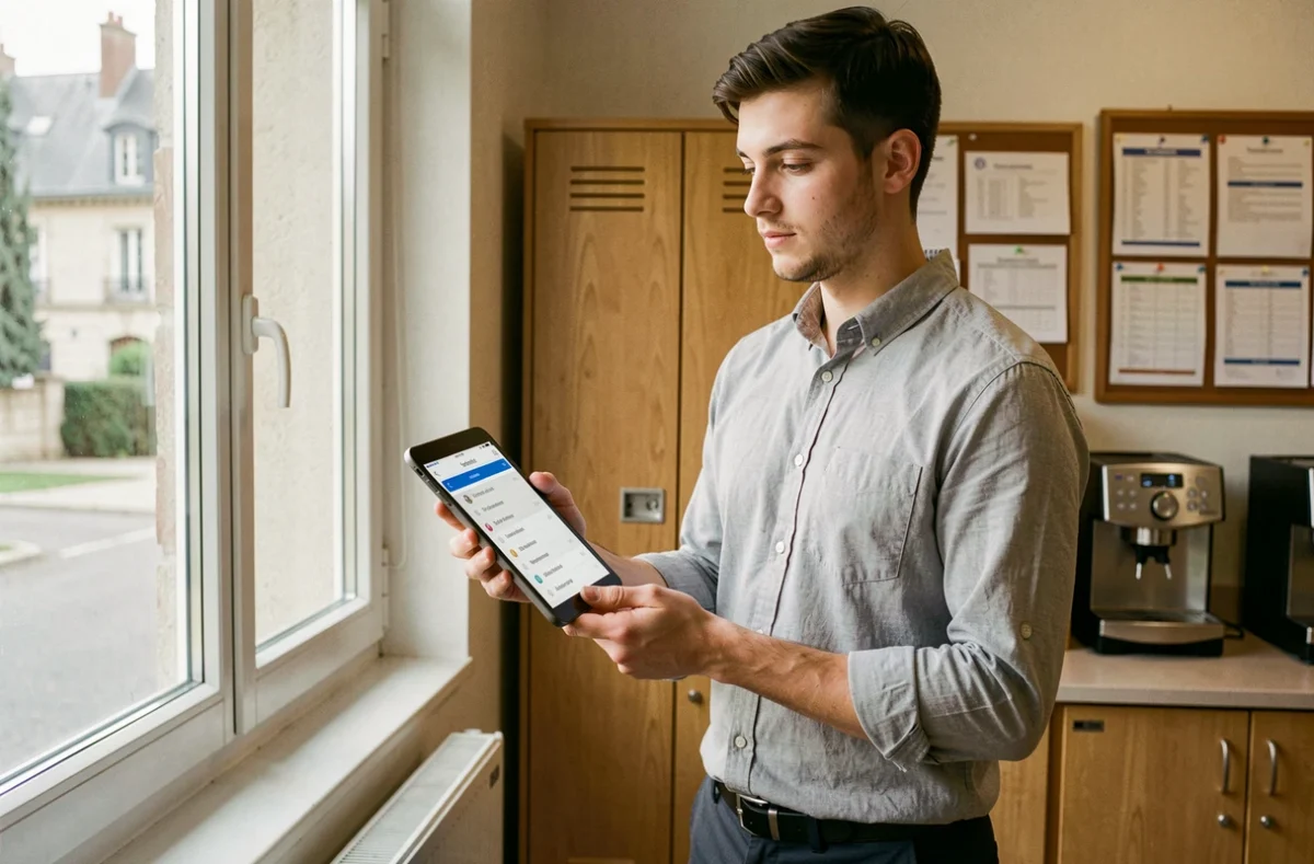 Enseignant consultant sa messagerie académique Versailles sur une tablette dans une salle des professeurs