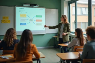 Enseignante expliquant un scénario pédagogique numérique avec Framapas sur un écran projeté en classe