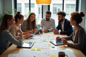Cinq professionnels divers collaborant autour d'une table avec des post-it