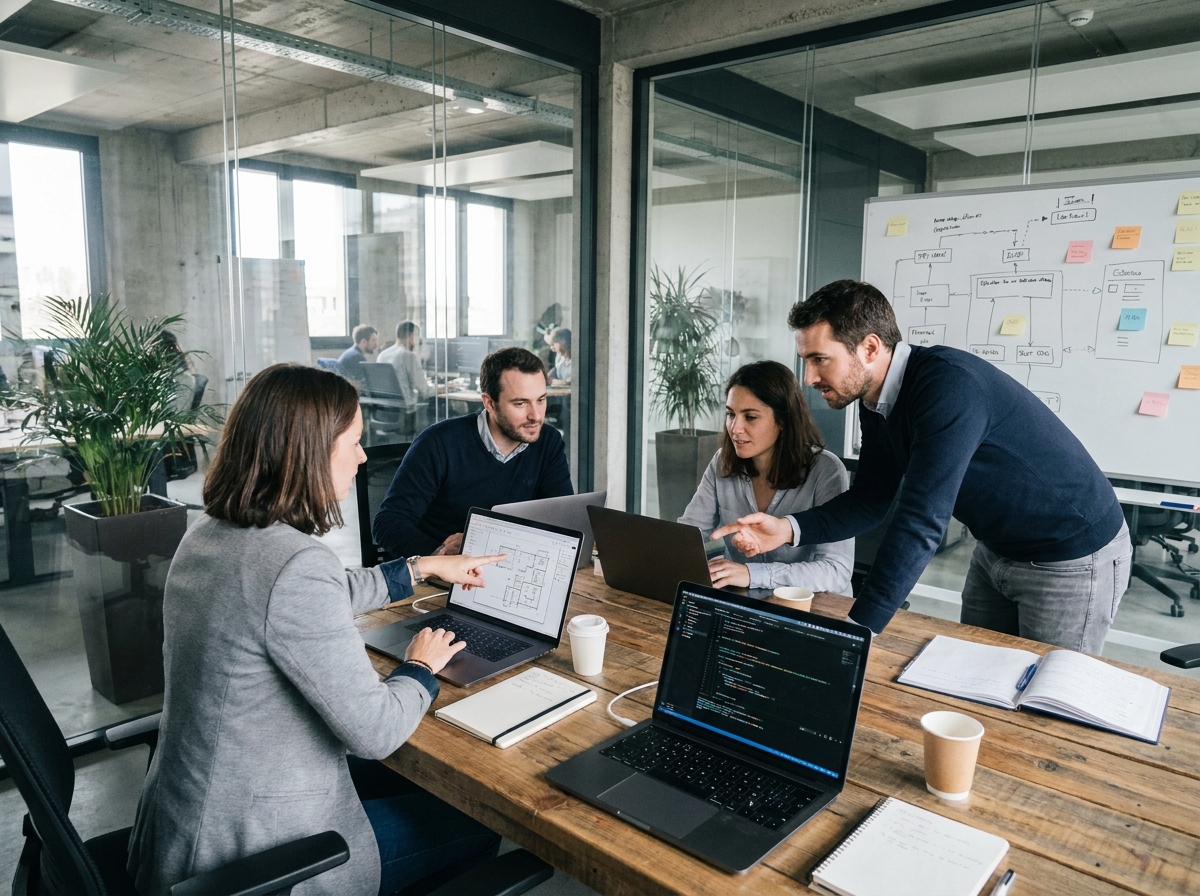 Équipe de consultants informatiques en réunion de projet dans une ESN moderne à Rennes