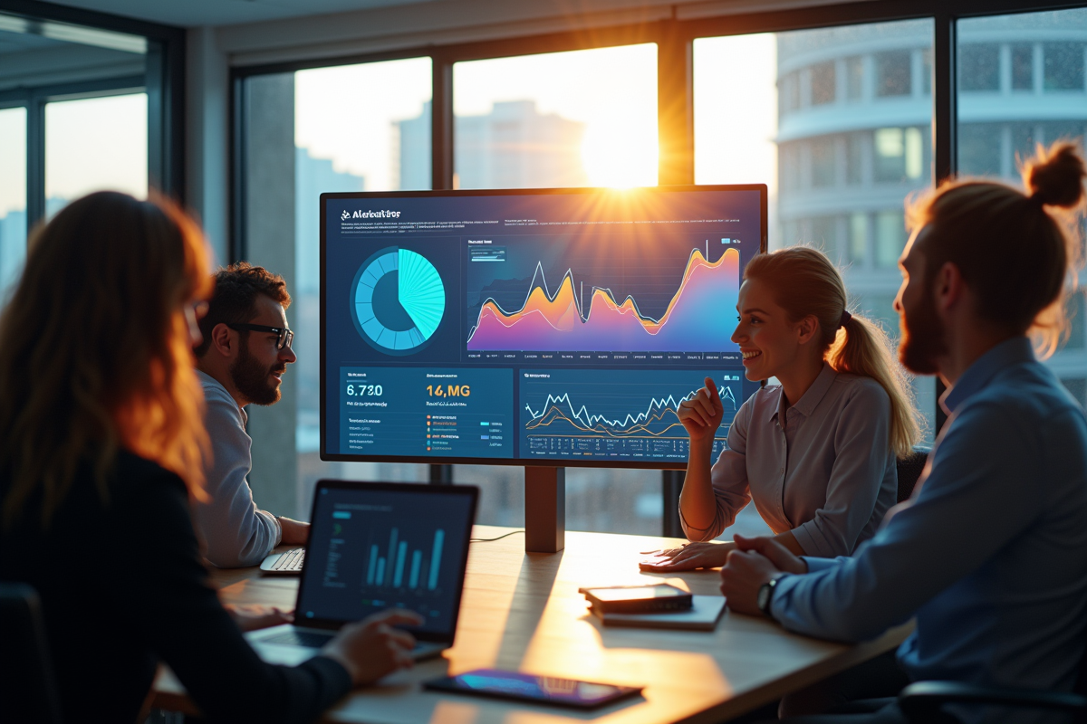 Equipe de professionnels analysant des graphiques marketing modernes
