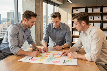 Équipe produit SaaS collaborant autour d'une roadmap feature by feature imprimée sur grande table de réunion en bois