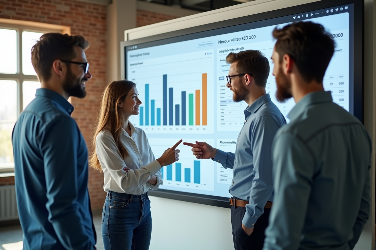 Equipe SEO analysant des graphiques sur un tableau digital