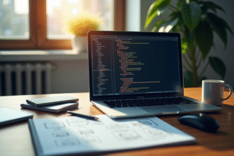Espace de travail moderne avec code API sur un ordinateur