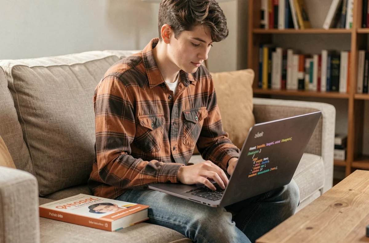 Étudiant apprenant Python seul sur un canapé avec un livre de programmation pour débutants ouvert