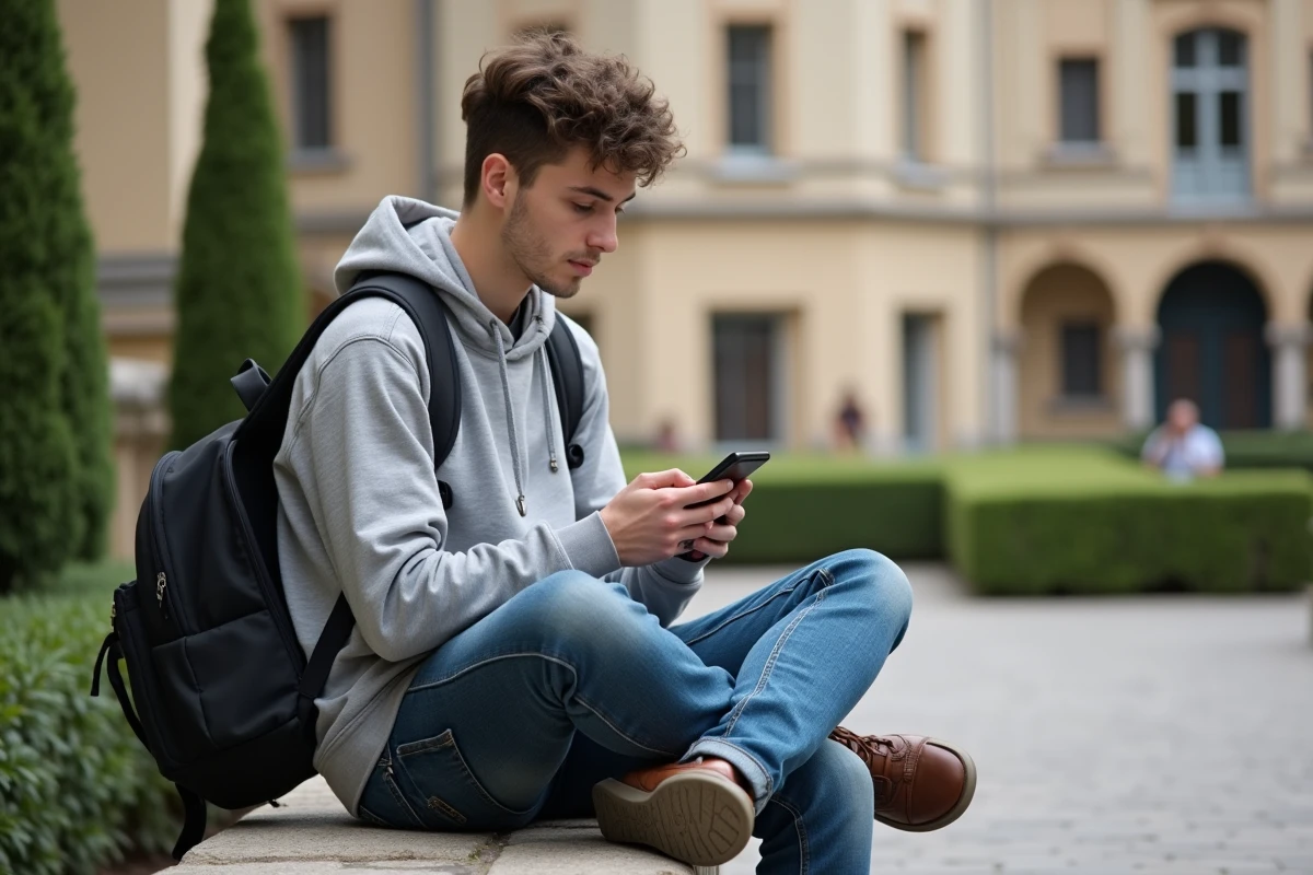 Étudiant consultant son smartphone sur un campus pour résoudre un blocage de son webmail académique