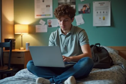 Étudiant connecté à son WiFi dans sa chambre universitaire