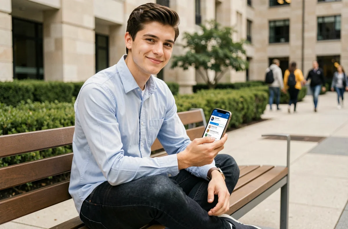 Étudiant consultant l'ENT UPVD sur smartphone dans la cour du campus universitaire