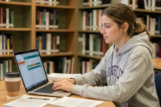 Étudiante utilisant l'ENT UPVD sur son ordinateur portable dans une bibliothèque universitaire