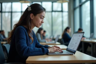 Étudiante comparant l'interface web Zimbra et un client mail sur un ordinateur portable dans une salle informatique universitaire