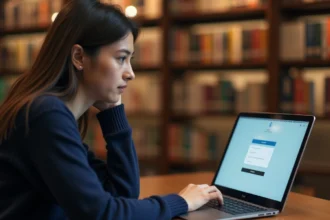 Étudiante connectée au webmail de l'académie de Montpellier sur son ordinateur portable dans une bibliothèque universitaire