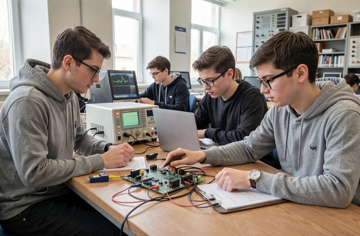 Étudiants en travaux pratiques d'électronique sur un banc d'essai