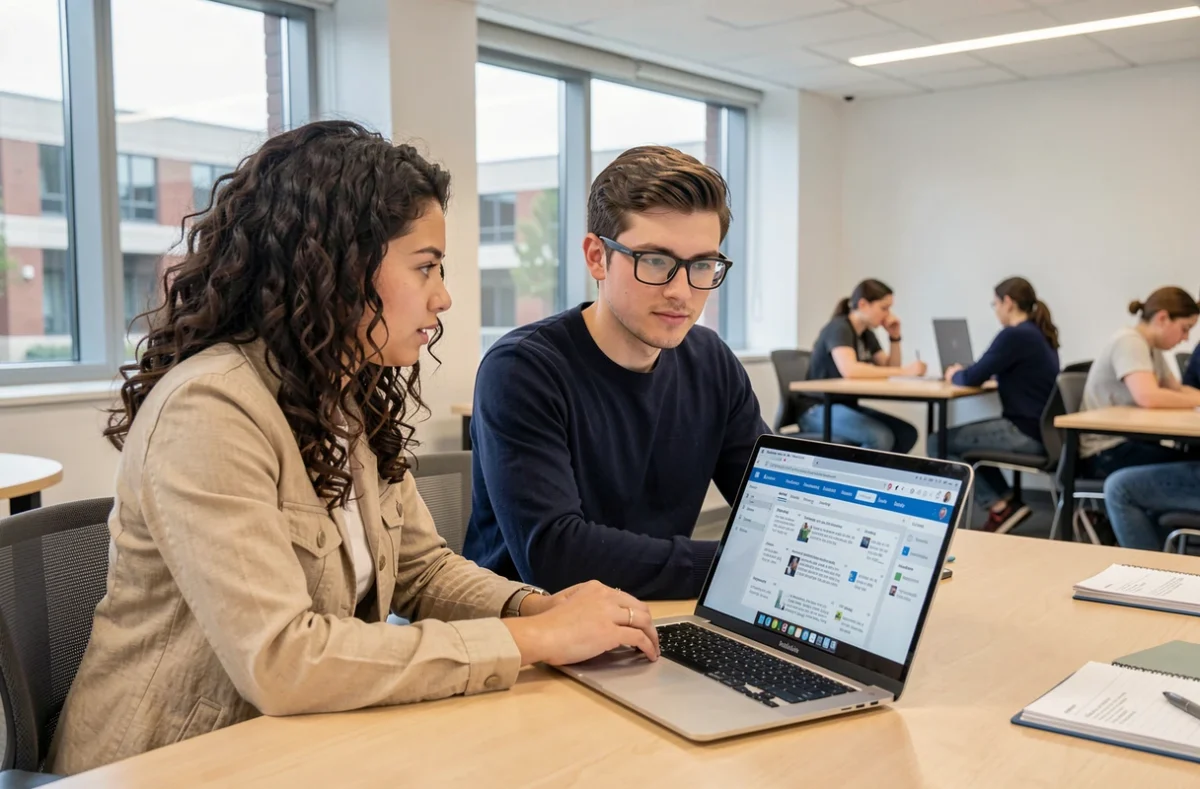 Deux étudiants utilisant l'ENT UPVD ensemble dans une salle de travail universitaire moderne