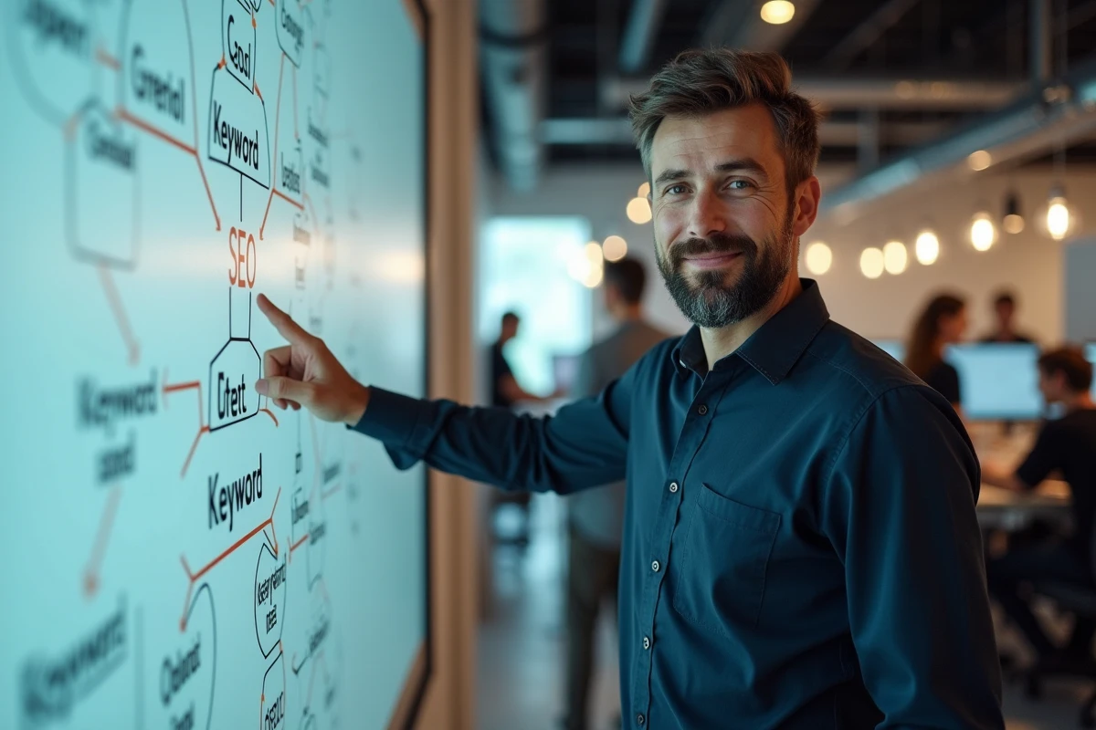 Expert en référencement naturel présentant une stratégie SEO sur un tableau blanc dans une agence digitale