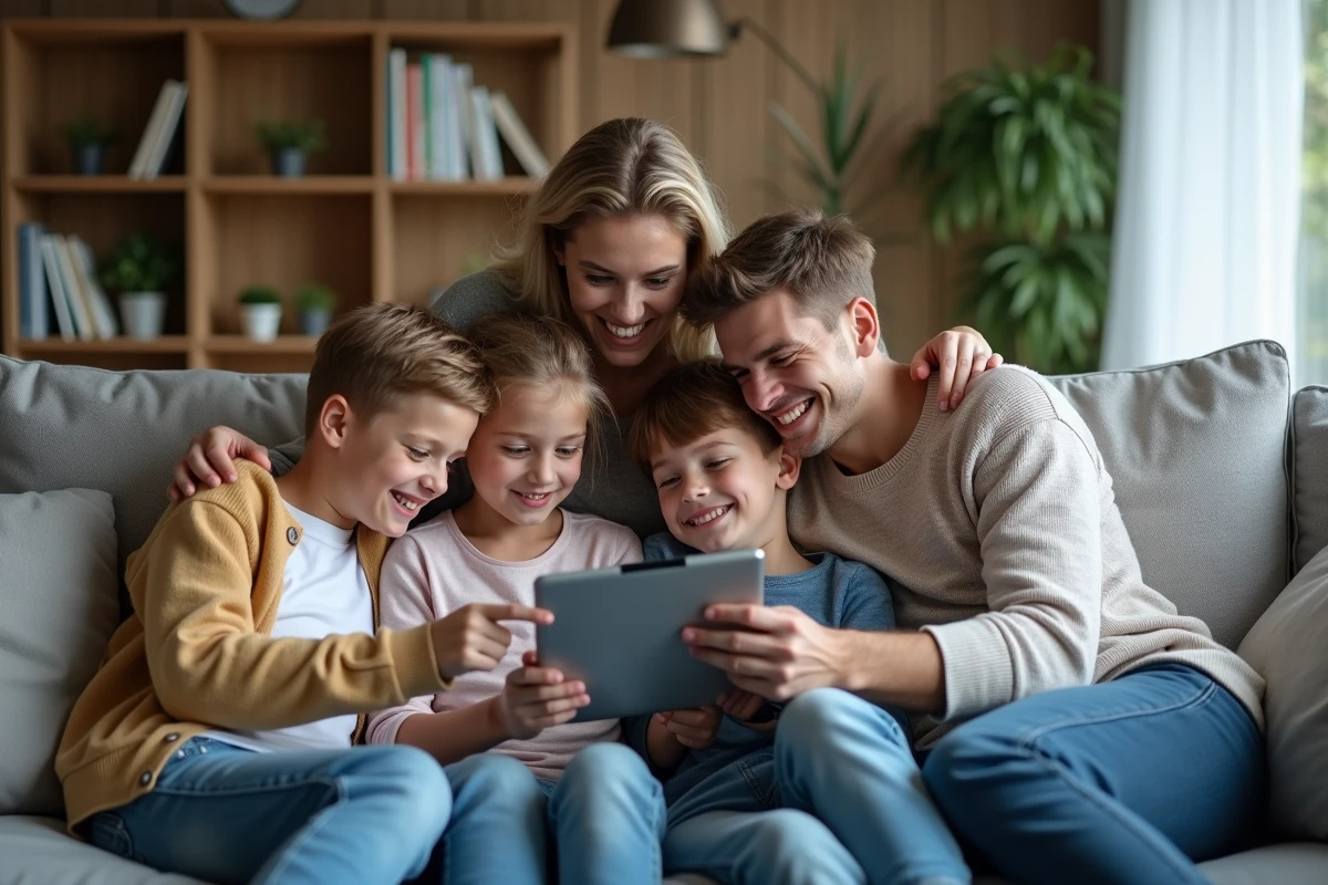 Famille réunie autour d'une tablette pour gérer les comptes mail Orange sous un seul abonnement